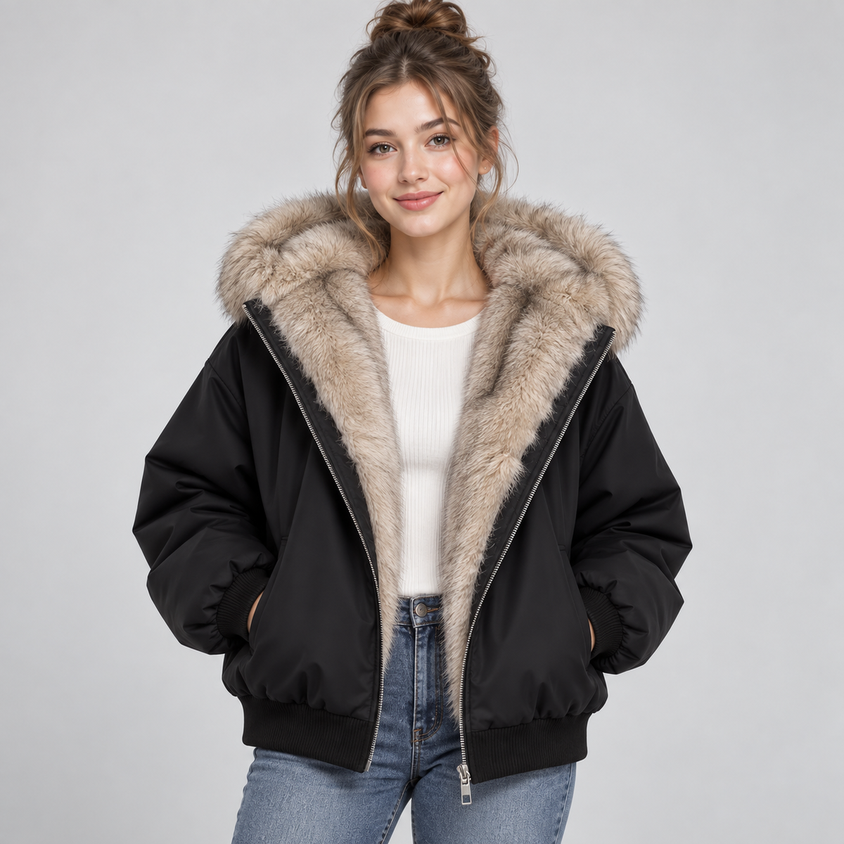 Montarello Women's Puffer Jacket Faux Fur Trim Hooded