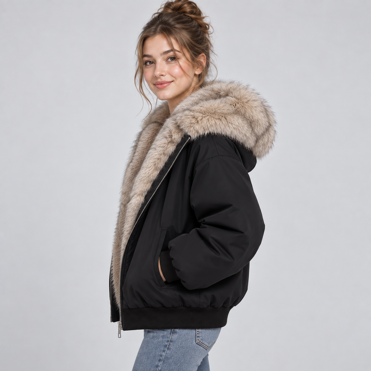Montarello Women's Puffer Jacket Faux Fur Trim Hooded