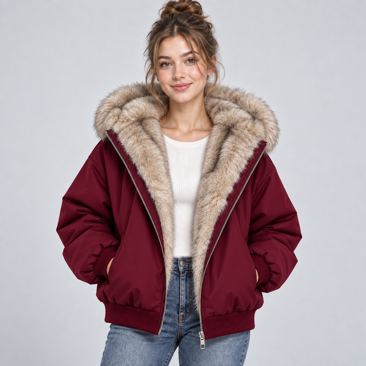 Montarello Women's Puffer Jacket Faux Fur Trim Hooded