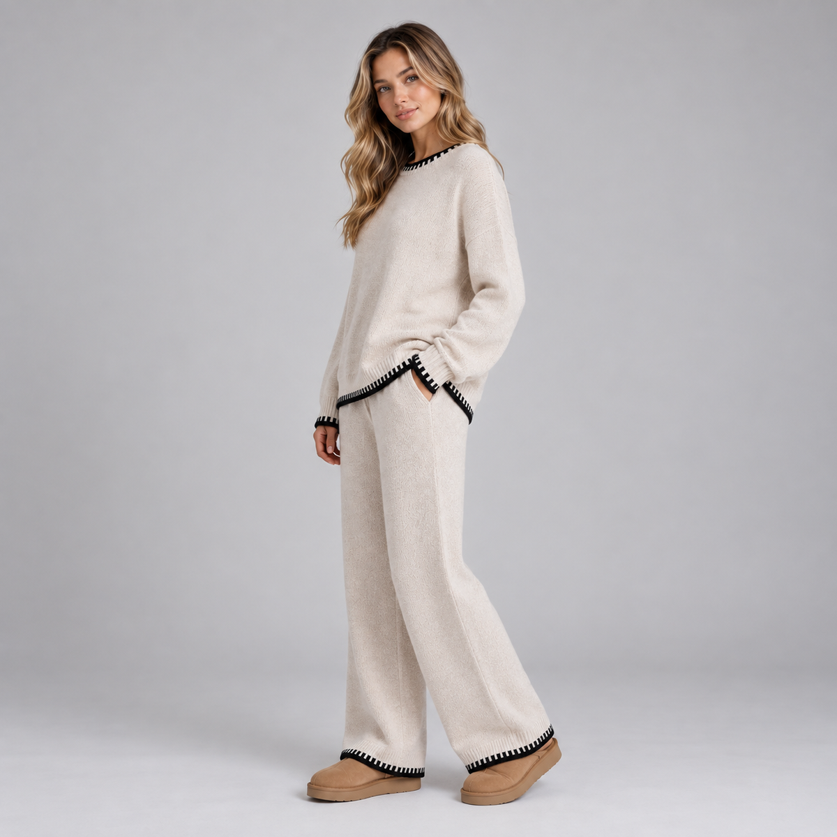 Montarello Women's Lounge Set Knitted Contrast Trim Wide Leg