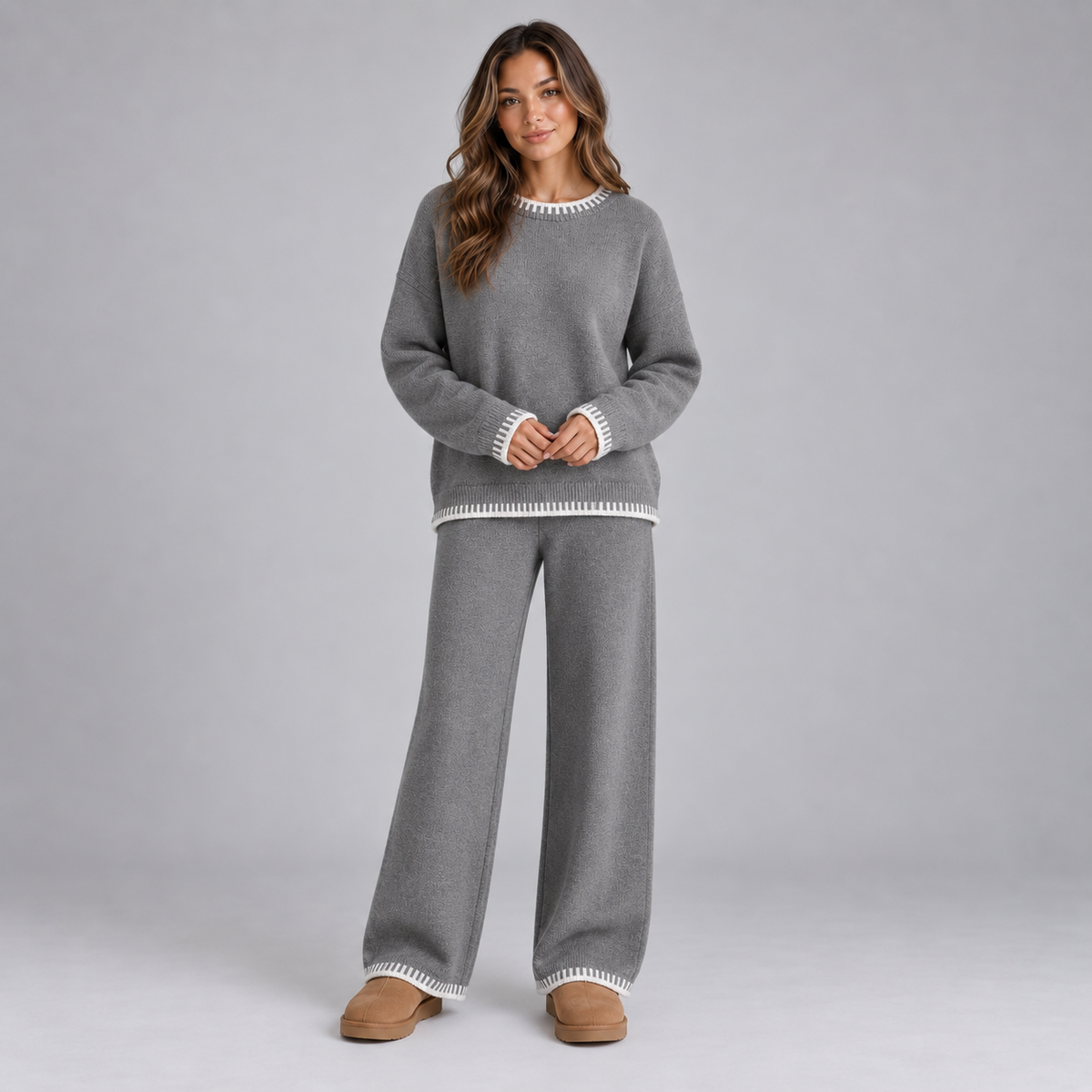 Montarello Women's Lounge Set Knitted Contrast Trim Wide Leg