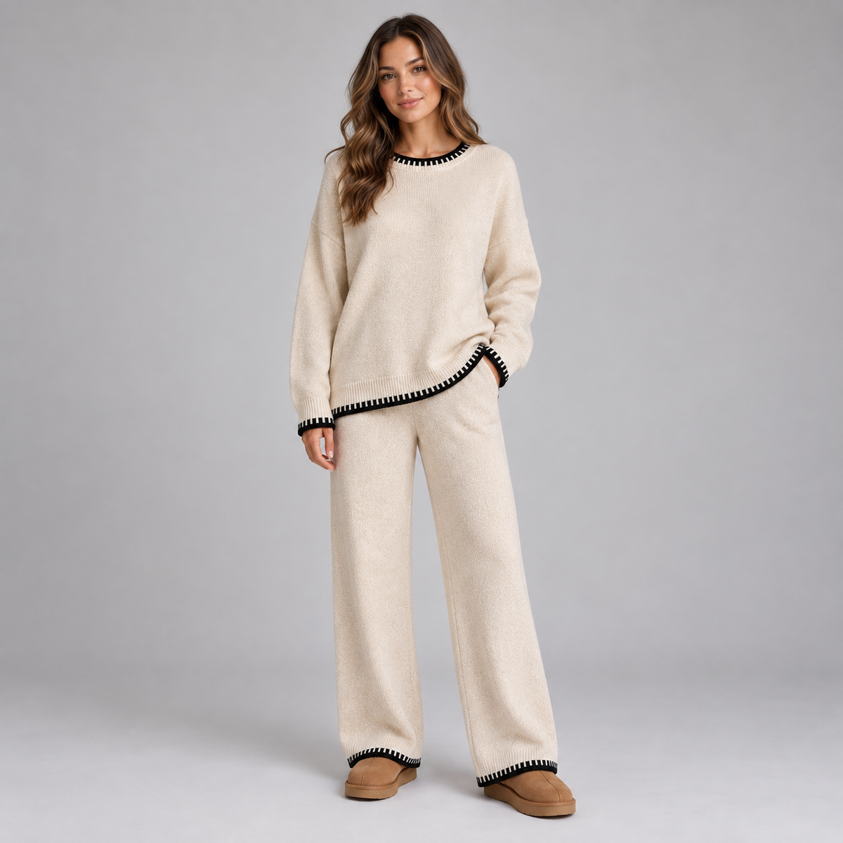 Montarello Women's Lounge Set Knitted Contrast Trim Wide Leg