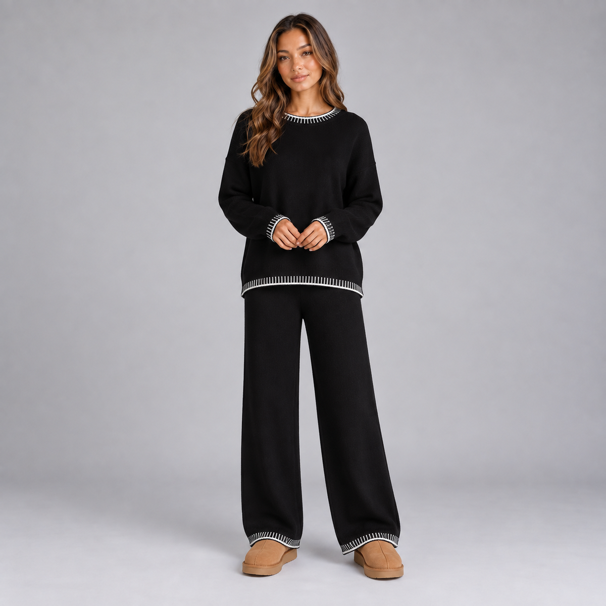 Montarello Women's Lounge Set Knitted Contrast Trim Wide Leg