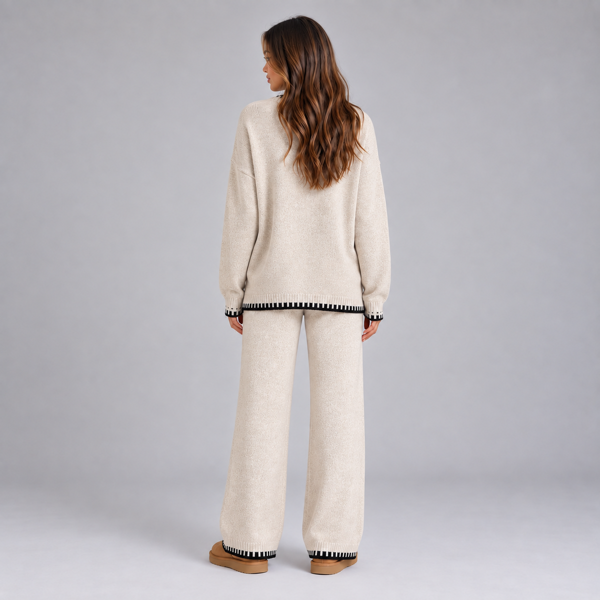 Montarello Women's Lounge Set Knitted Contrast Trim Wide Leg