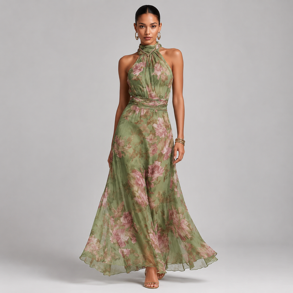 Montarello Women's Floral Halter Neck Chiffon Maxi Wedding Guest Dress