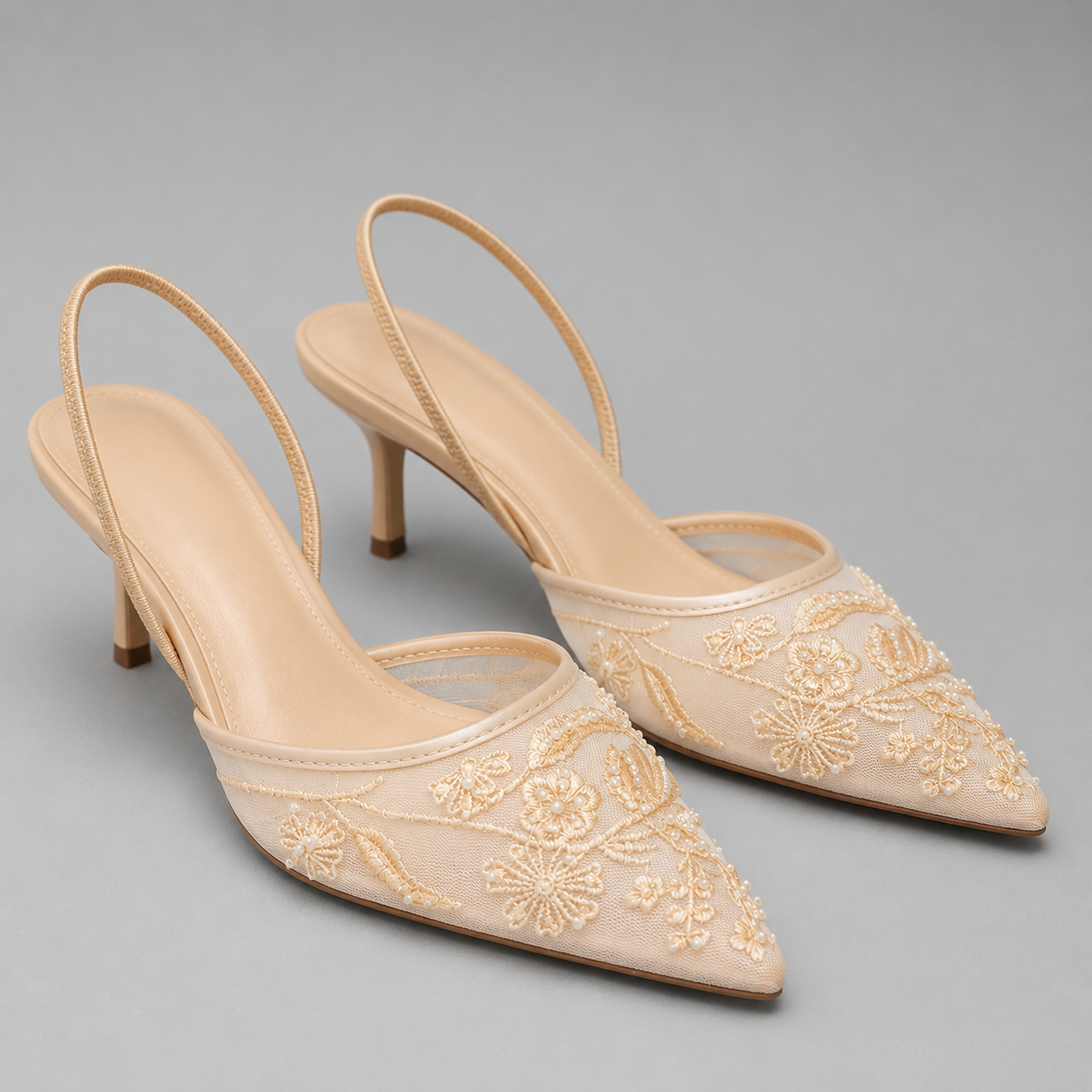 Montarello Women's Embroidered Mesh Kitten Heel Slingbacks