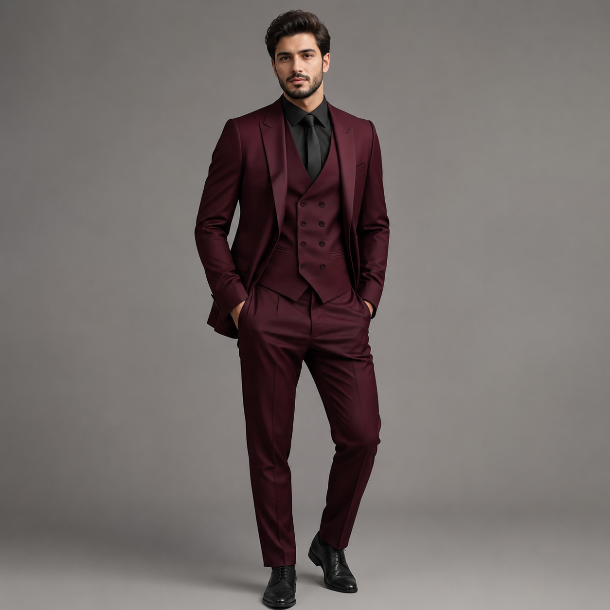 Montarello Men's Slim Fit Three-Piece Suit with Double-Breasted Waistcoat