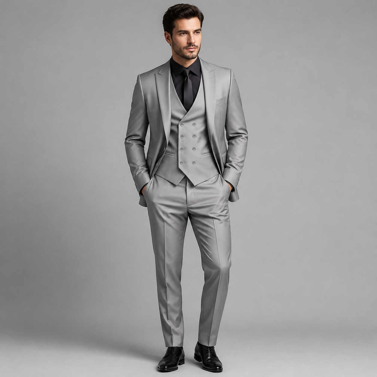 Montarello Men's Slim Fit Three-Piece Suit with Double-Breasted Waistcoat