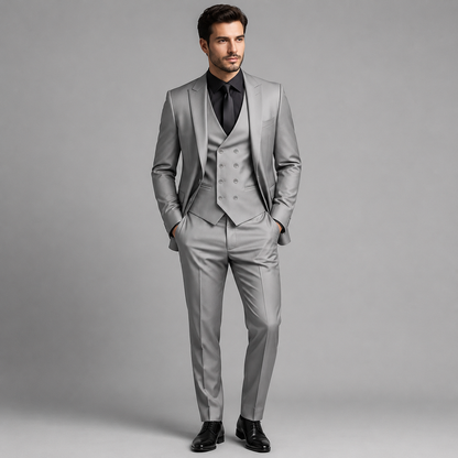 Montarello Men's Slim Fit Three-Piece Suit with Double-Breasted Waistcoat