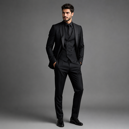 Montarello Men's Slim Fit Three-Piece Suit with Double-Breasted Waistcoat