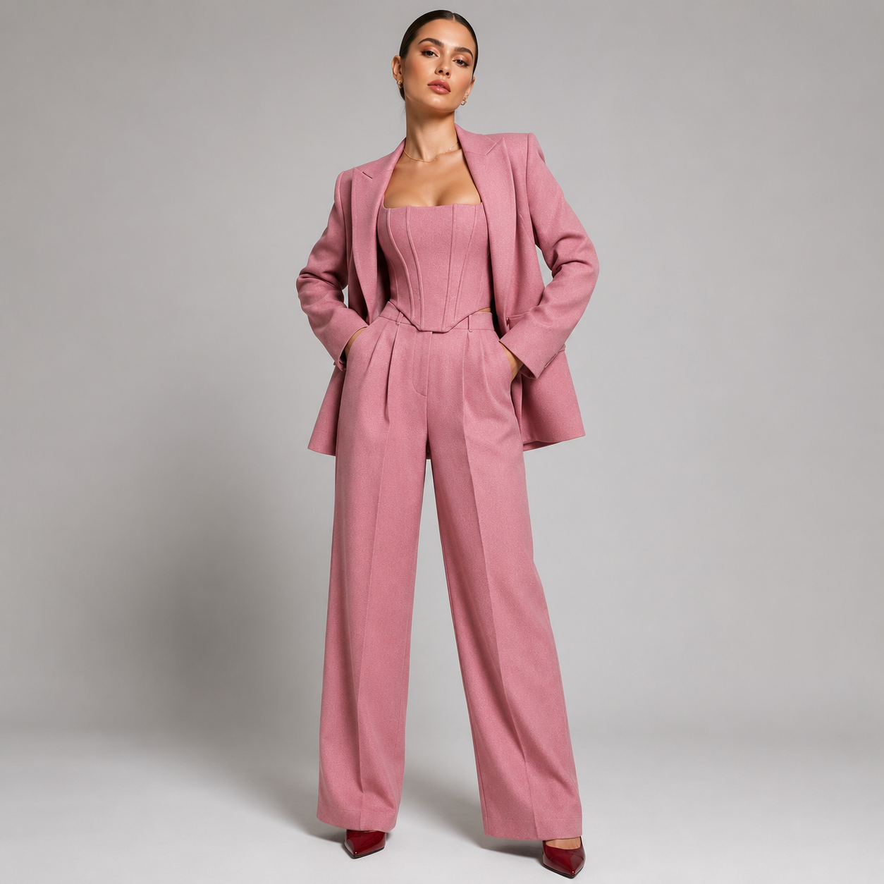 Montarello Women's Corset Top Blazer and Wide-Leg Trouser Suit Set