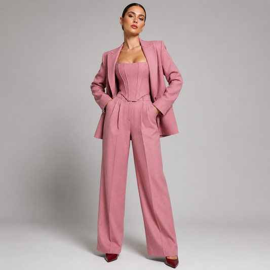 Montarello Women's Corset Top Blazer and Wide-Leg Trouser Suit Set