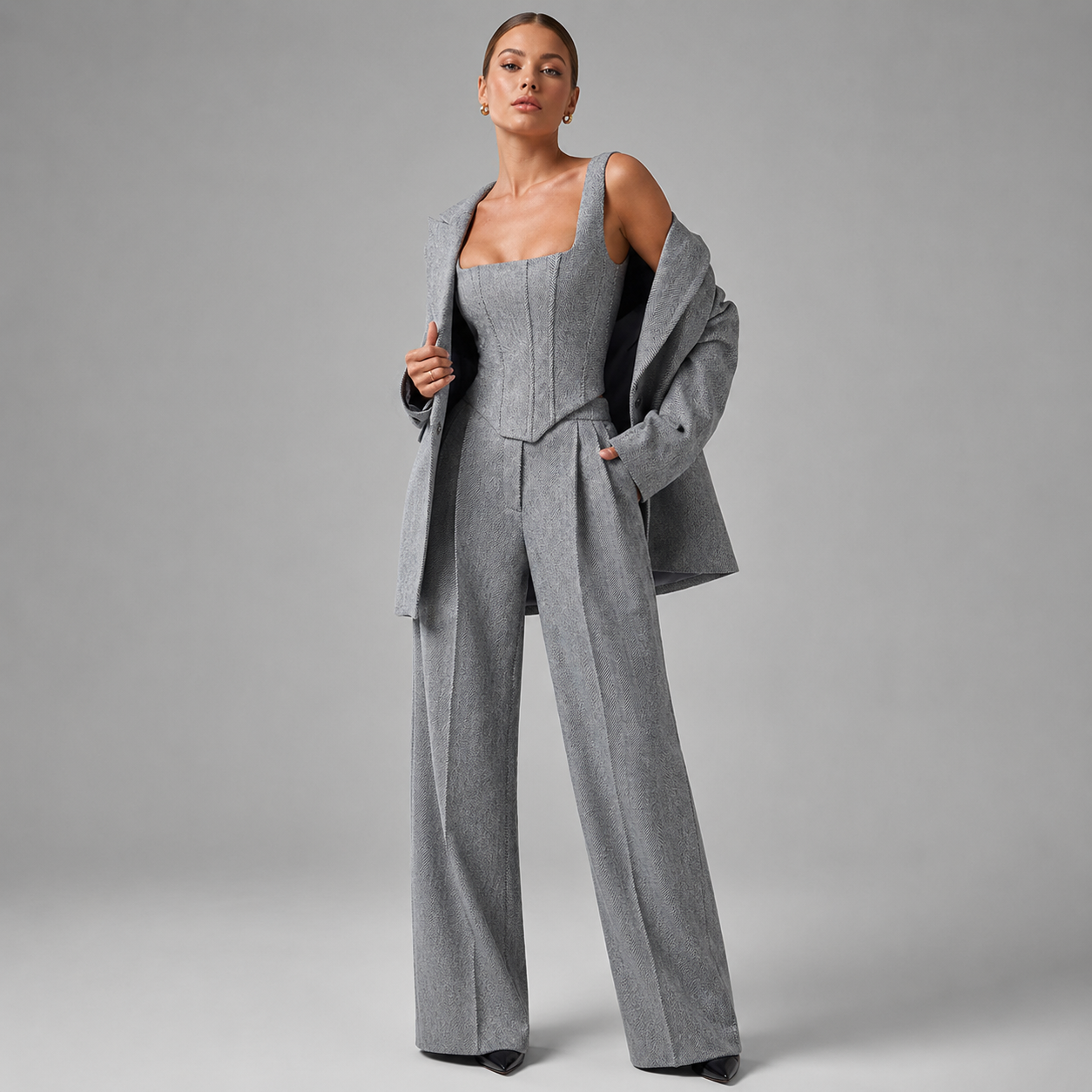 Montarello Women's Corset Top Blazer and Wide-Leg Trouser Suit Set