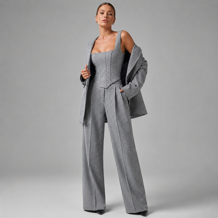Montarello Women's Corset Top Blazer and Wide-Leg Trouser Suit Set