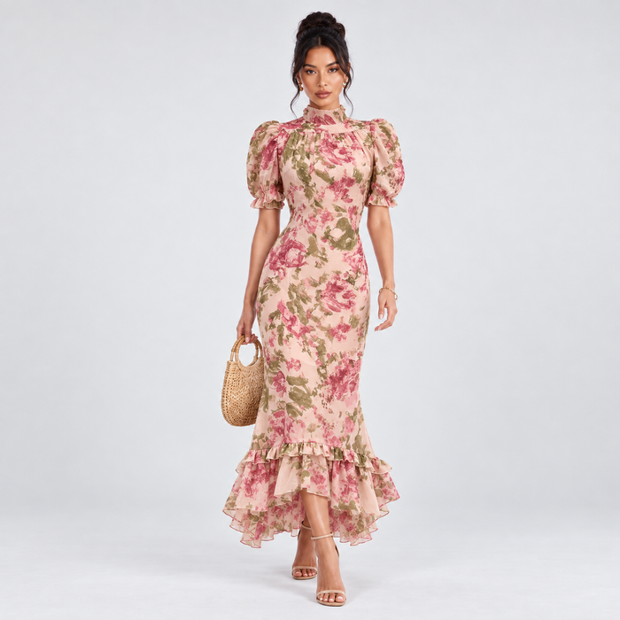 Montarello Women's Floral Puff Sleeve Maxi Dress – Wedding Guest Style