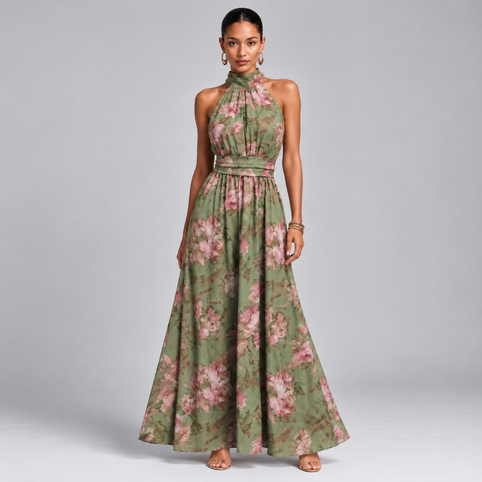 Montarello Women's Floral Halter Neck Chiffon Maxi Wedding Guest Dress