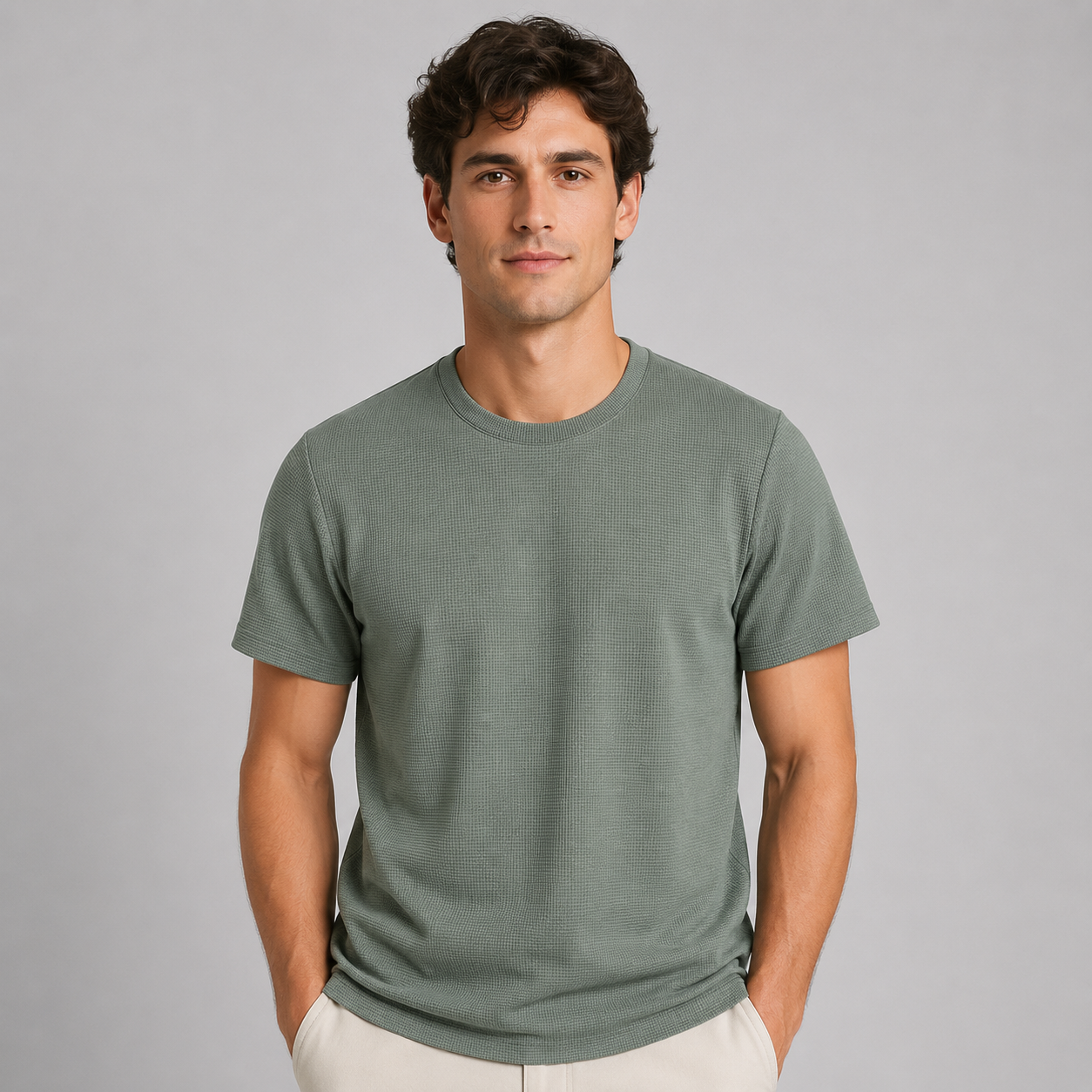 Montarello Men's Waffle-Knit Crew Neck Relaxed Fit Short-Sleeve T-Shirt