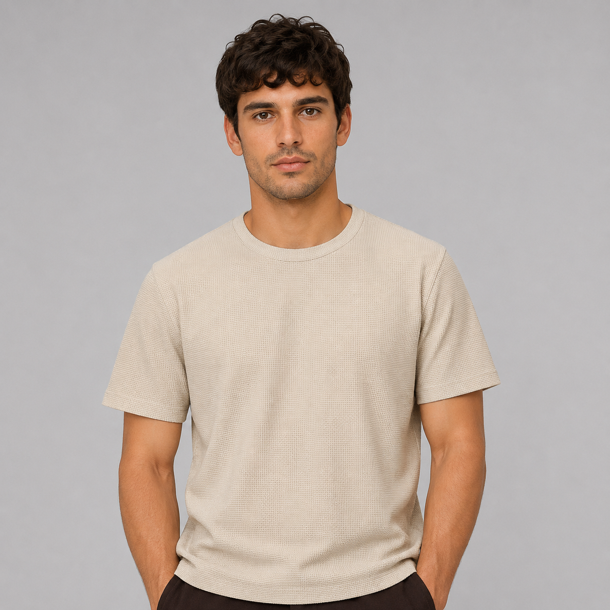 Montarello Men's Waffle-Knit Crew Neck Relaxed Fit Short-Sleeve T-Shirt