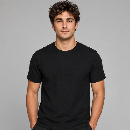 Montarello Men's Waffle-Knit Crew Neck Relaxed Fit Short-Sleeve T-Shirt