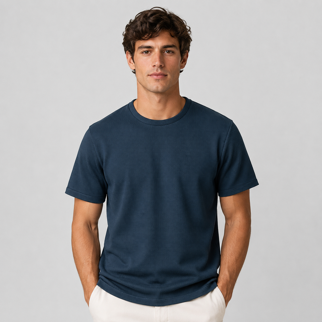 Montarello Men's Waffle-Knit Crew Neck Relaxed Fit Short-Sleeve T-Shirt
