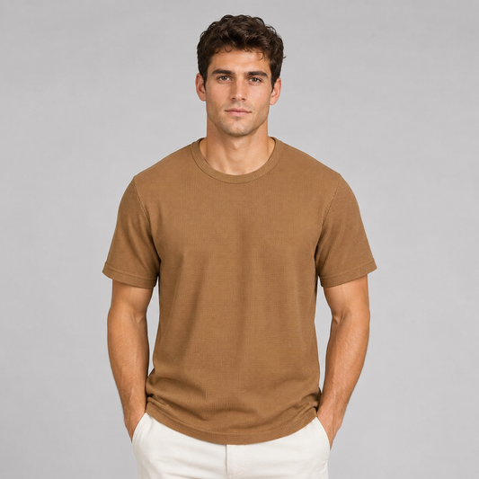 Montarello Men's Waffle-Knit Crew Neck Relaxed Fit Short-Sleeve T-Shirt