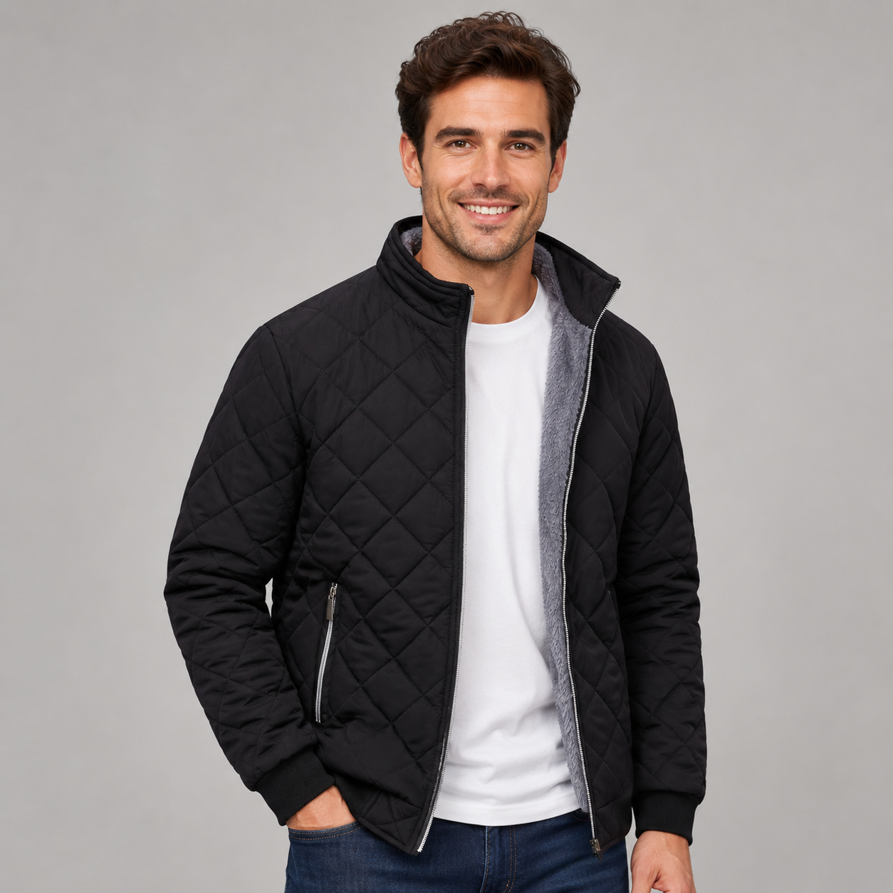 Montarello Men's Diamond Quilted Zip-Up Jacket with Stand Collar