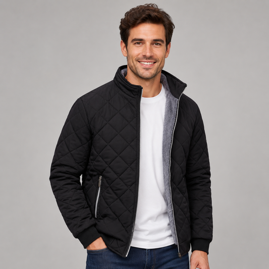 Montarello Men's Diamond Quilted Zip-Up Jacket with Stand Collar