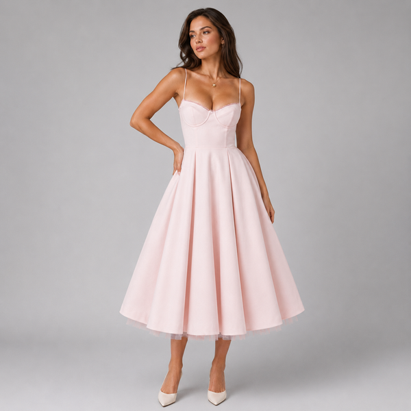 Montarello Women's Corset Midi Dress with Full Skirt – Wedding Guest Style