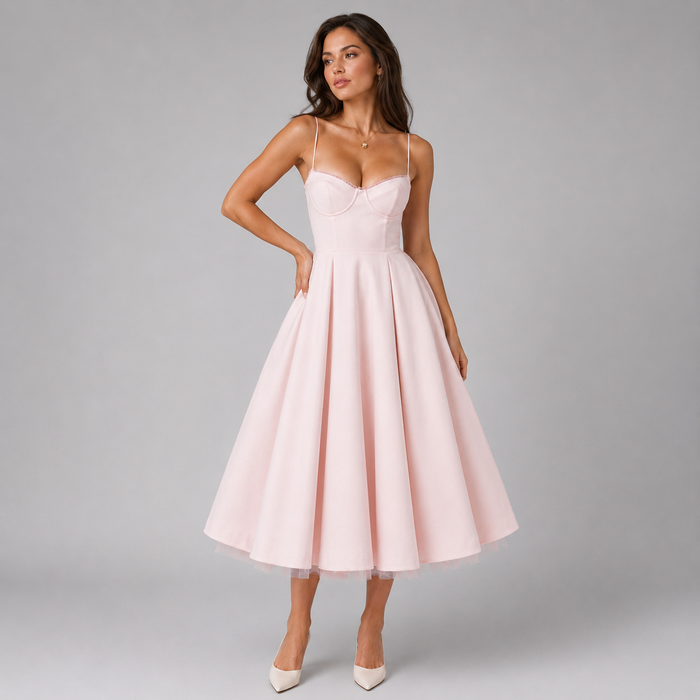 Montarello Women's Corset Midi Dress with Full Skirt – Wedding Guest Style