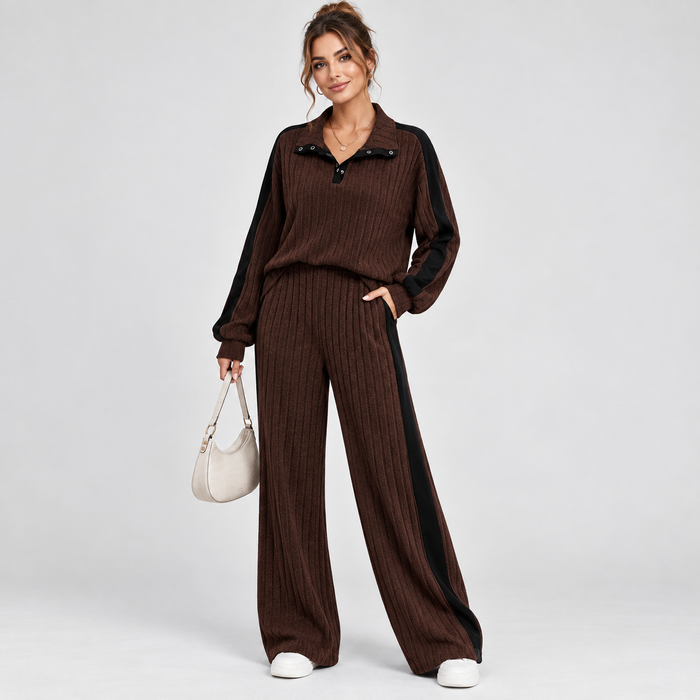 Ensemble d'intérieur pour femme Montarello en maille rayée avec bordures contrastantes, deux pièces