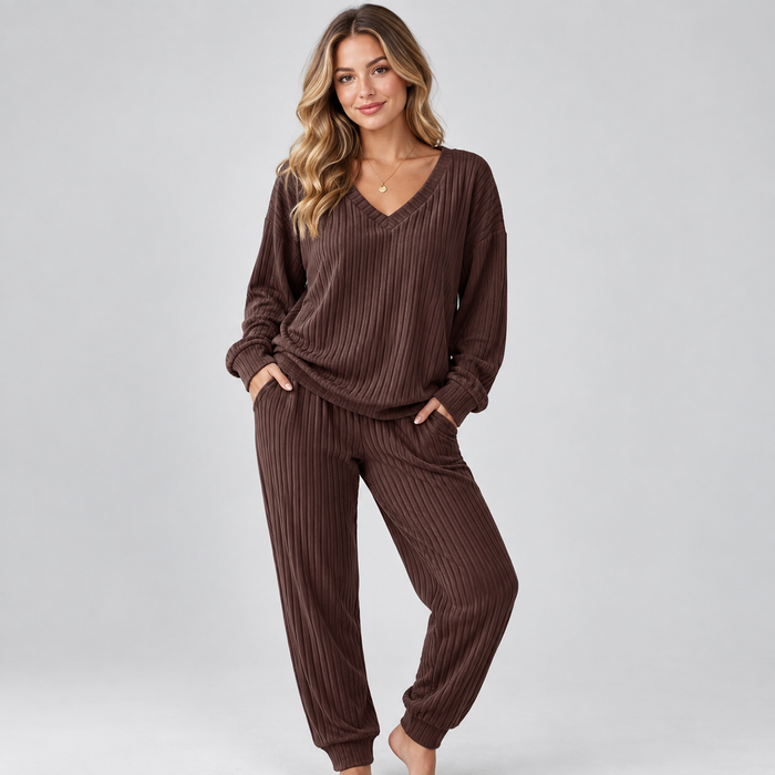 Ensemble d'intérieur pour femme Montarello en maille, col en V, manches longues, deux pièces