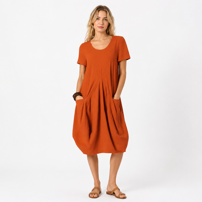 Montarello Women's Relaxed Fit Pocket Midi Dress Short Sleeve
