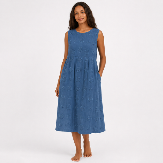 Montarello Women's Sleeveless Embroidered-Look Cotton-Feel Midi Dress