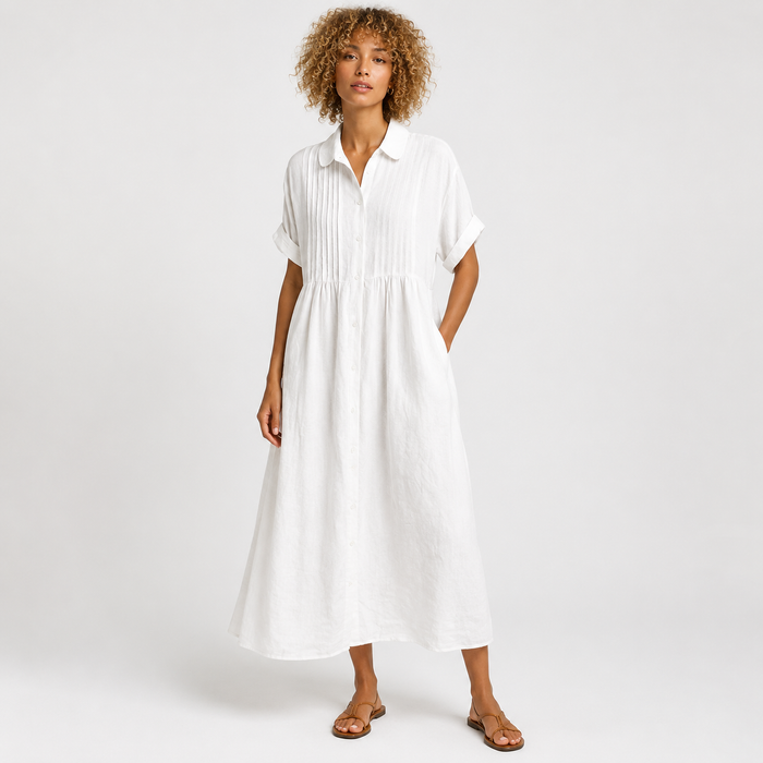 Montarello Women's Short-Sleeve Linen-Look Collared Midi Shirt Dress