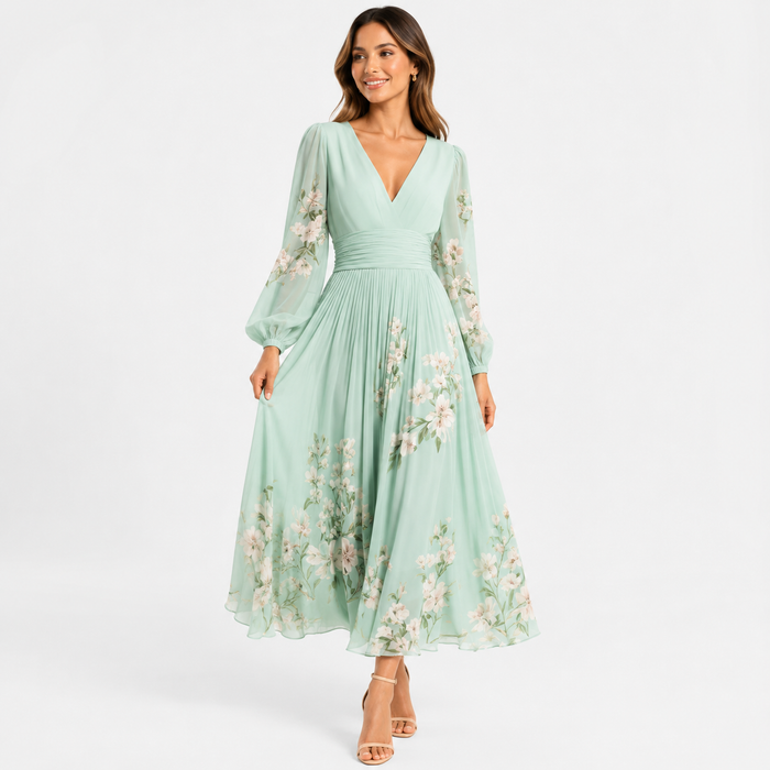 Montarello Women's Floral Chiffon Balloon Sleeve Wedding Guest Dress