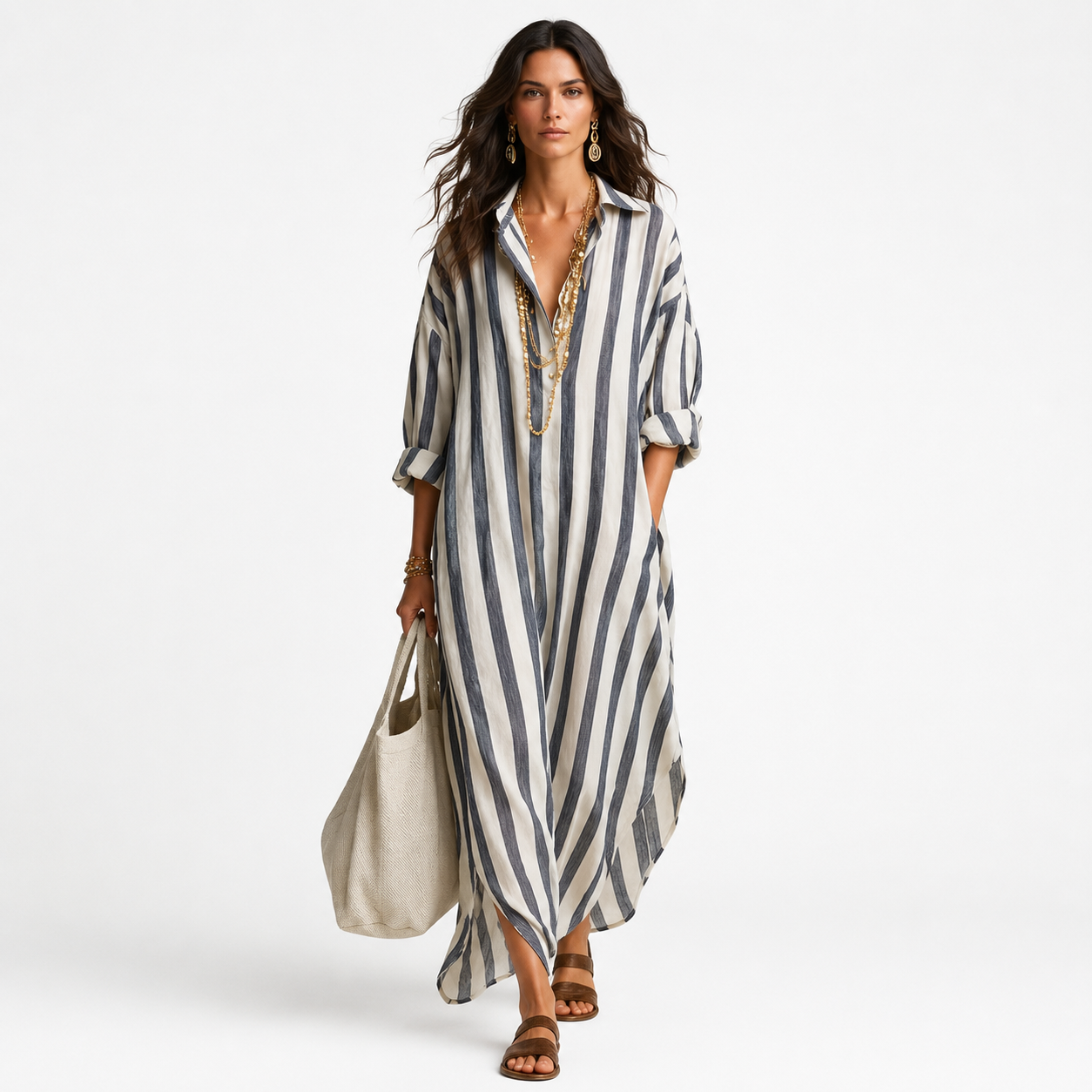 Montarello Women's Striped Linen-Look Maxi Shirt Beach Cover-Up