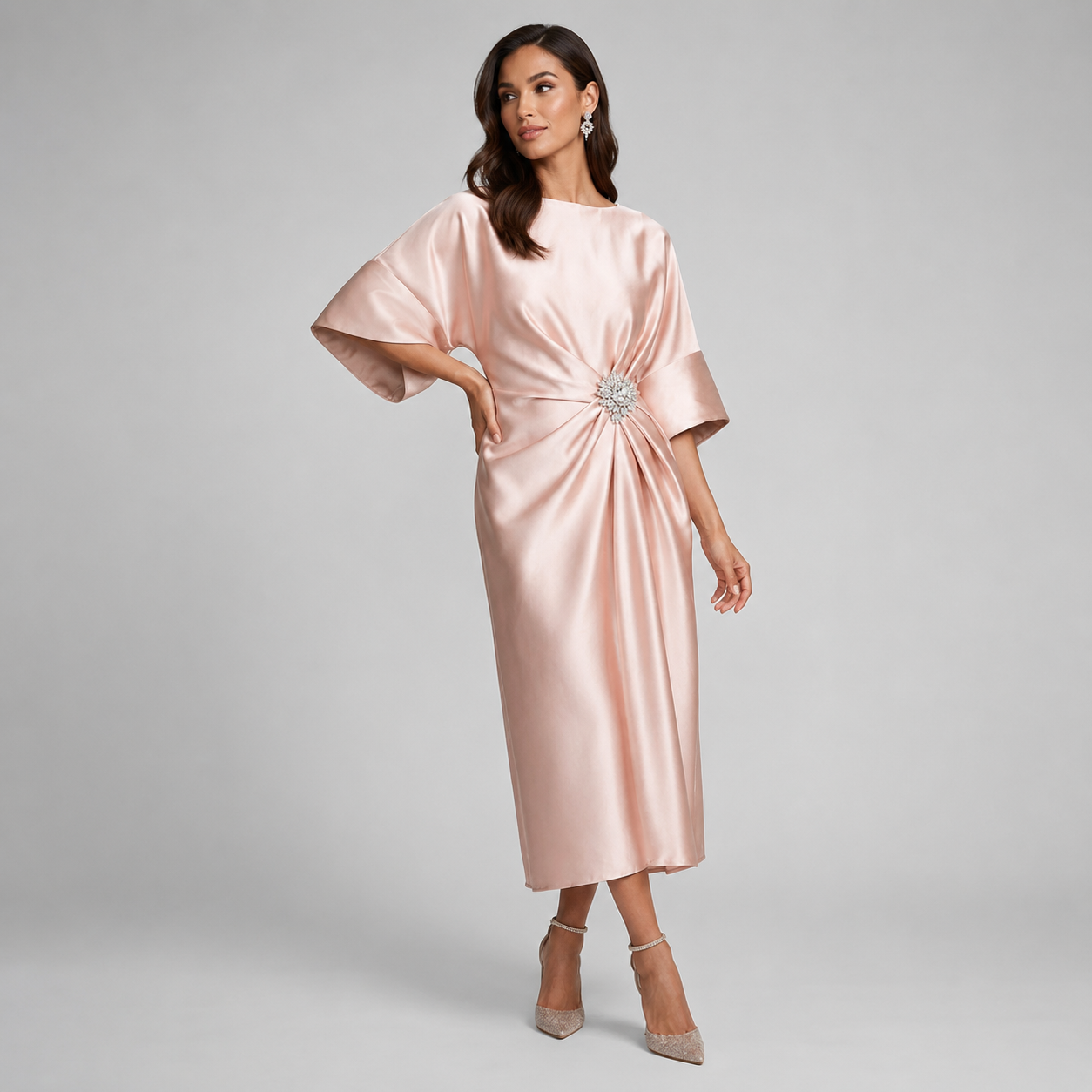 Montarello Women's Satin-Look Batwing Sleeve Wedding Guest Midi Dress