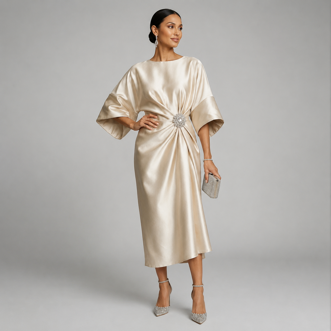 Montarello Women's Satin-Look Batwing Sleeve Wedding Guest Midi Dress