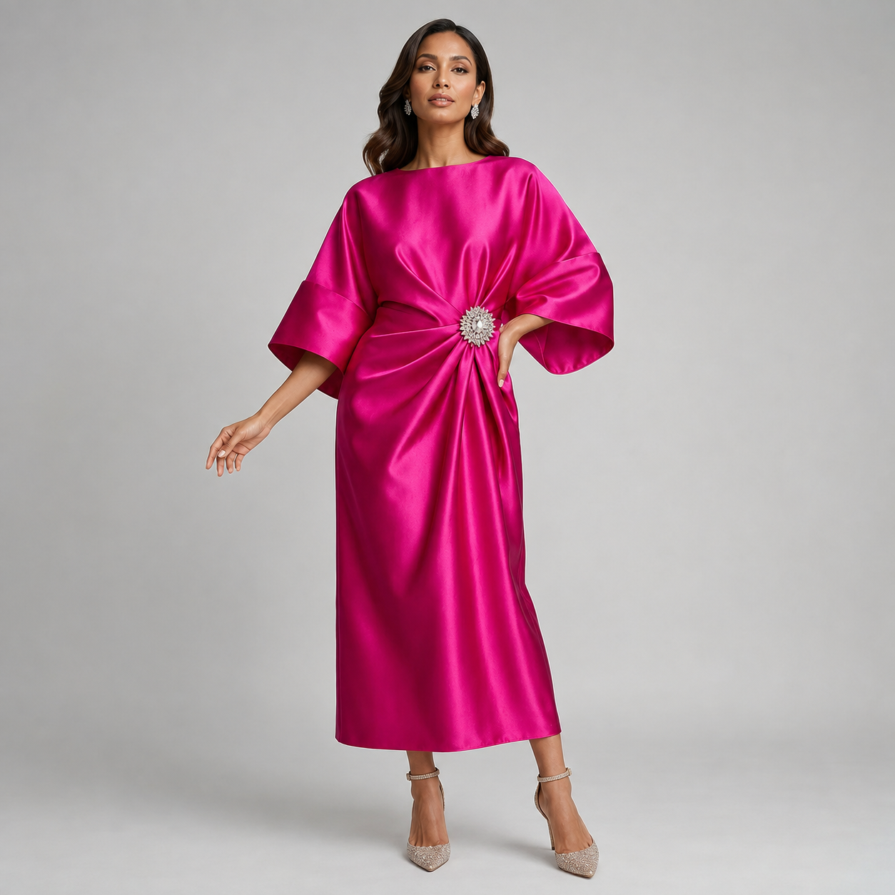 Montarello Women's Satin-Look Batwing Sleeve Wedding Guest Midi Dress
