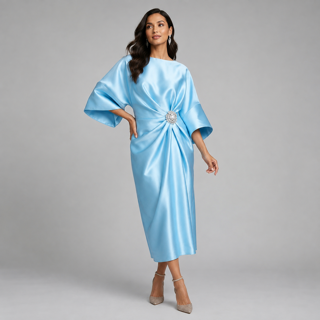 Montarello Women's Satin-Look Batwing Sleeve Wedding Guest Midi Dress