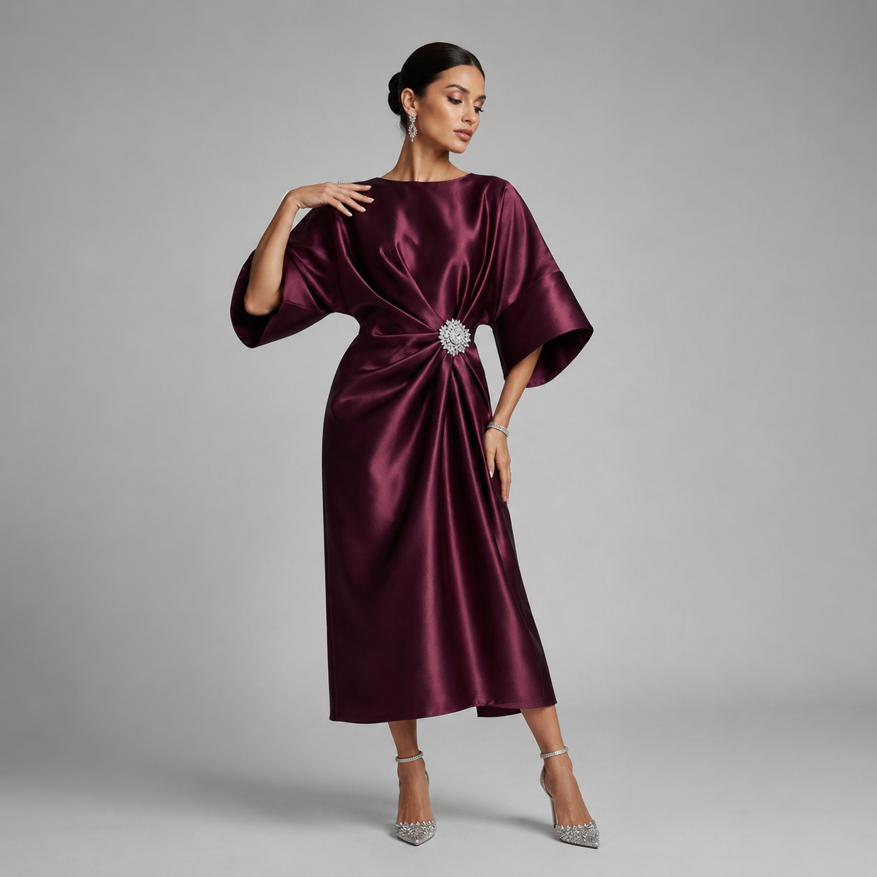 Montarello Women's Satin-Look Batwing Sleeve Wedding Guest Midi Dress