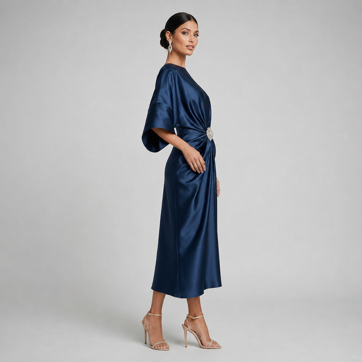 Montarello Women's Satin-Look Batwing Sleeve Wedding Guest Midi Dress