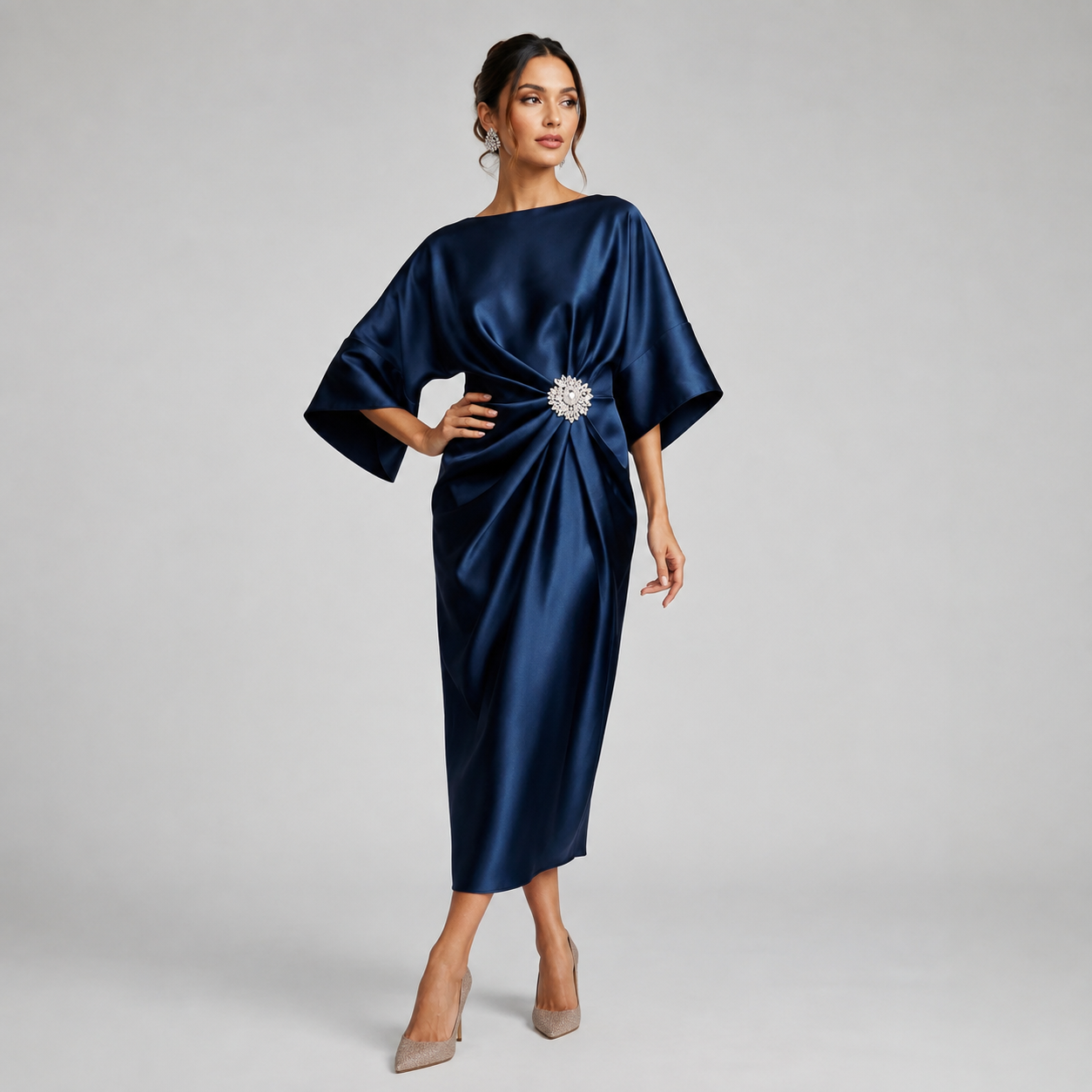 Montarello Women's Satin-Look Batwing Sleeve Wedding Guest Midi Dress