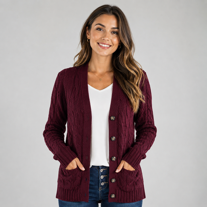 Montarello Women's Cable Knit Cardigan with V-Neck and Buttons