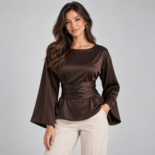 Montarello Women's Blouse Satin-Look Tie Waist Long Sleeve