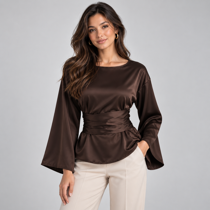 Montarello Women's Blouse Satin-Look Tie Waist Long Sleeve