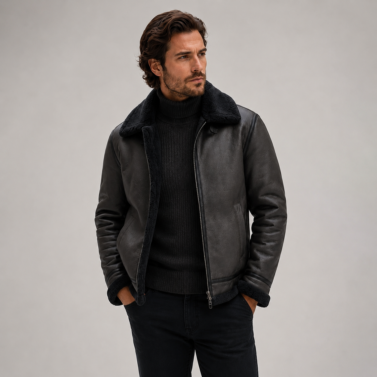 Montarello Men's Aviator Jacket Leather-Look Shearling