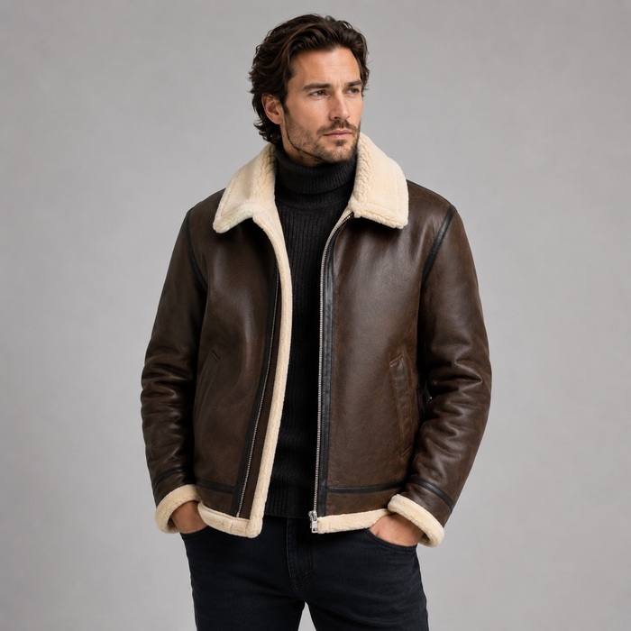Montarello Men's Aviator Jacket Leather-Look Shearling