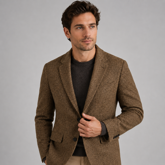 Montarello Men's Blazer Herringbone Wool-Blend Tailored