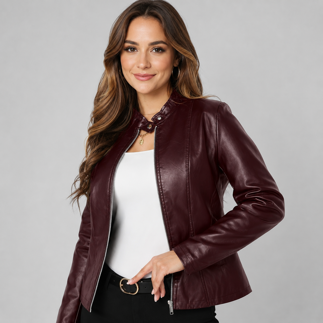 Montarello Women's Faux Leather Biker Jacket with Zip Front